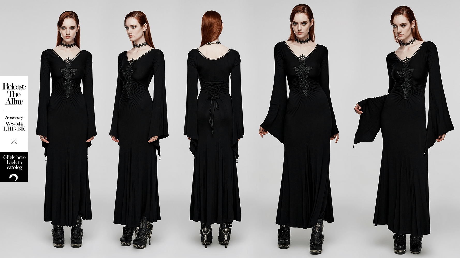 Elegant Gothic long flared sleeve dress with lace detail and concealed zipper in black.