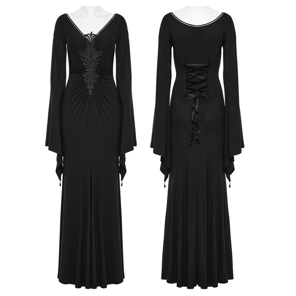 Elegant gothic long flared sleeve dress with lace details and concealed zipper, showcasing a dramatic silhouette.