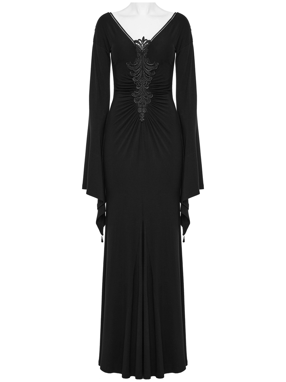 Elegant gothic long dress with flared sleeves and lace detail, featuring a flattering silhouette and concealed zipper.