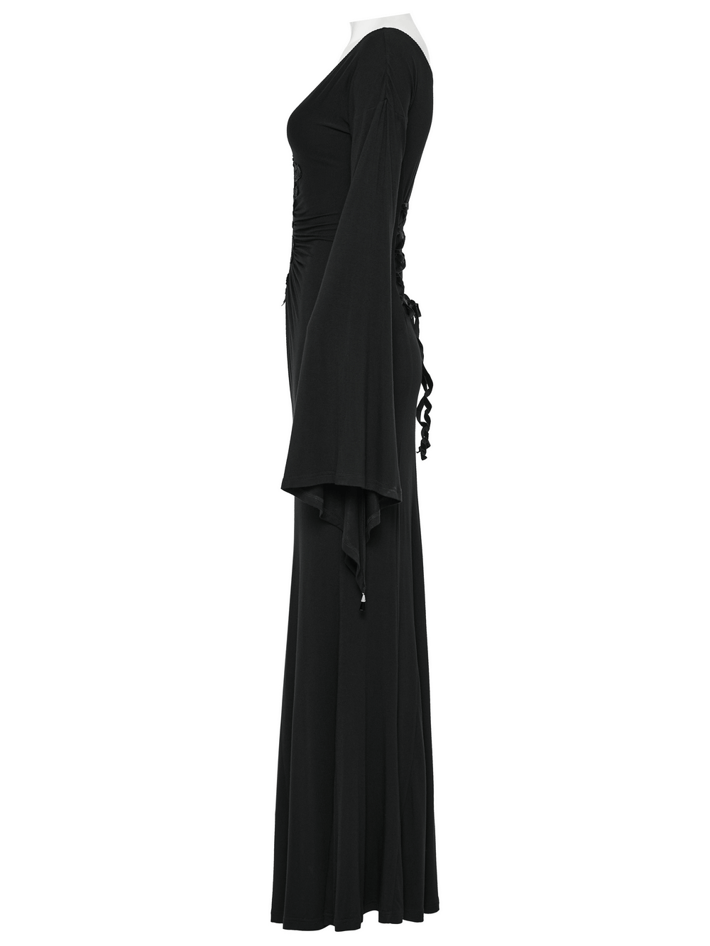 Elegant gothic long dress with flared sleeves and lace detail, showcasing a dramatic silhouette and concealed zipper.