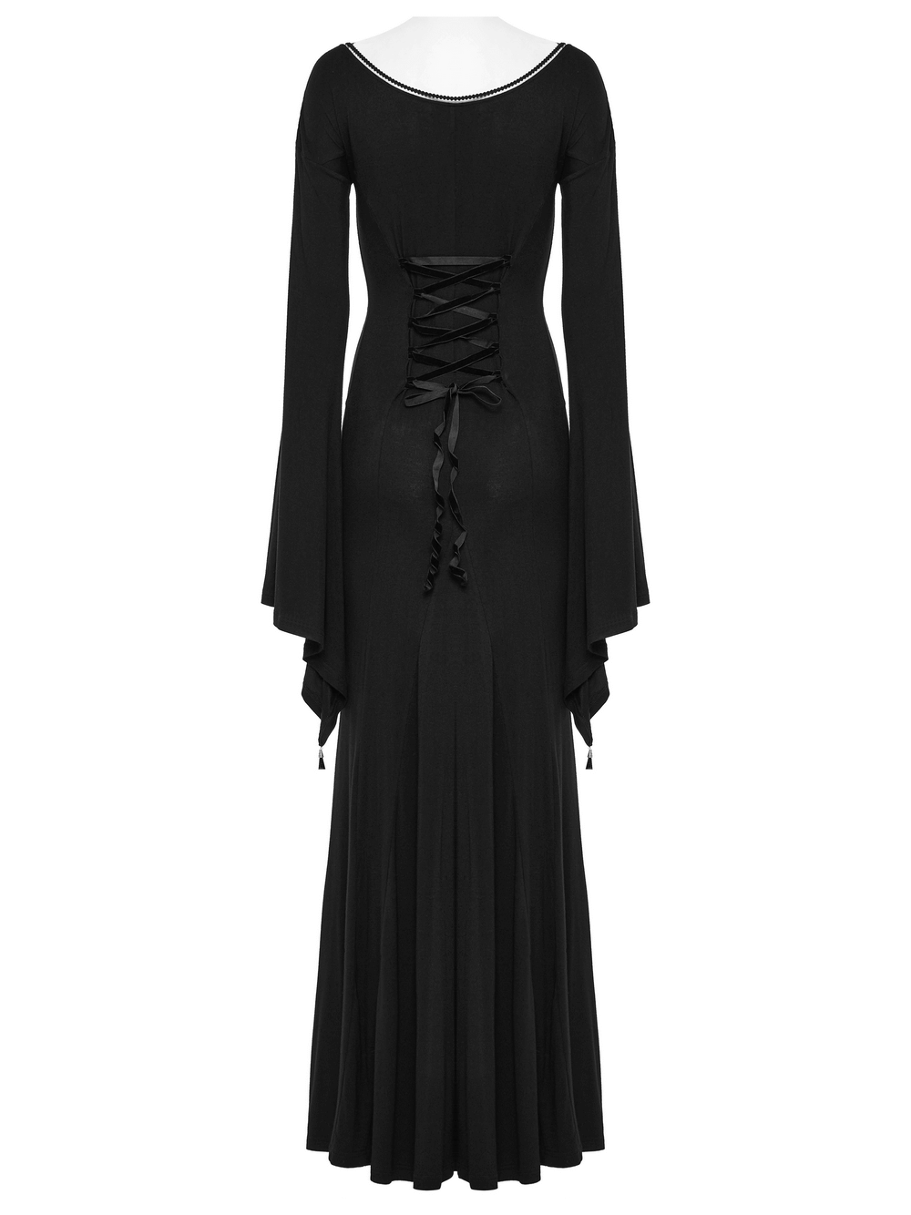 Elegant Gothic long dress with flared sleeves and lace-up back detail, showcasing a dramatic silhouette.