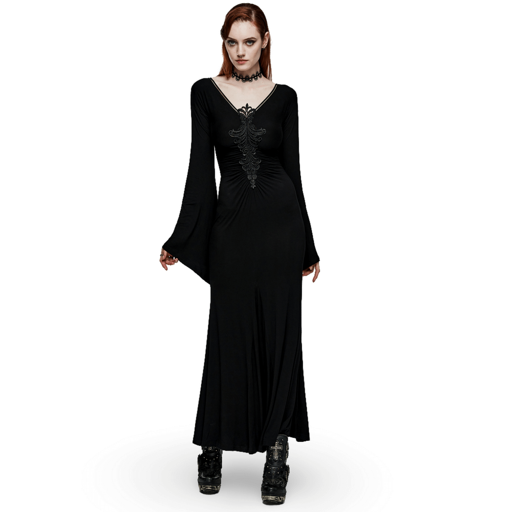 Elegant Gothic Long Flared Sleeved Dress With Concealed Zipper - HARD'N'HEAVY