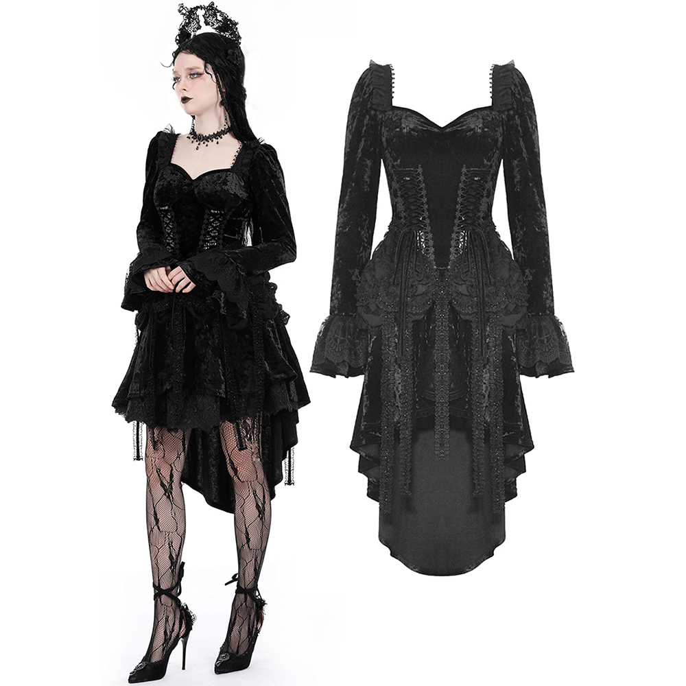 Elegant Gothic black velvet dress with lace sleeves and high-low skirt, perfect for special occasions.