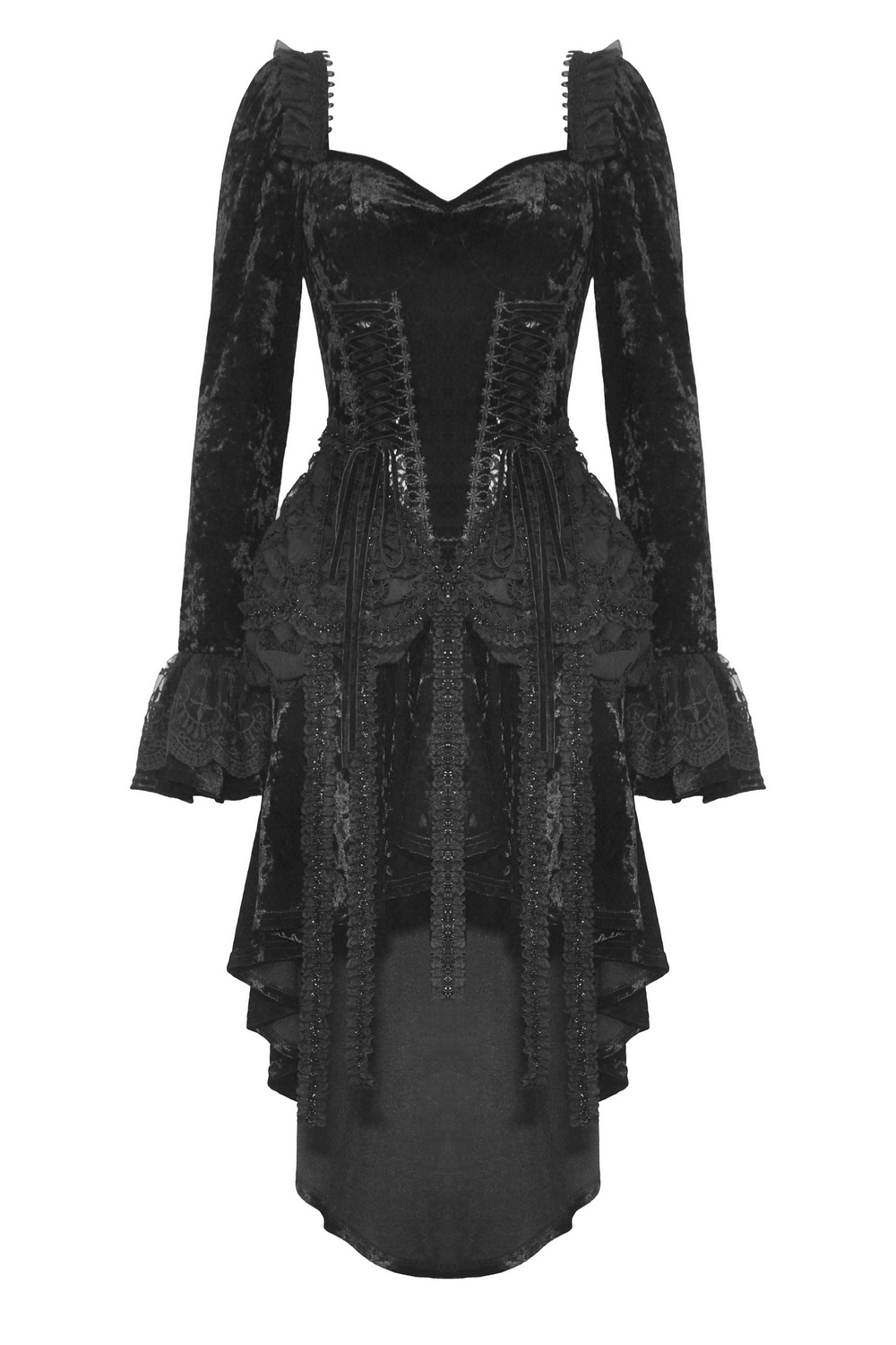 Elegant black velvet Gothic dress with long lace sleeves and high-low skirt, perfect for special occasions.