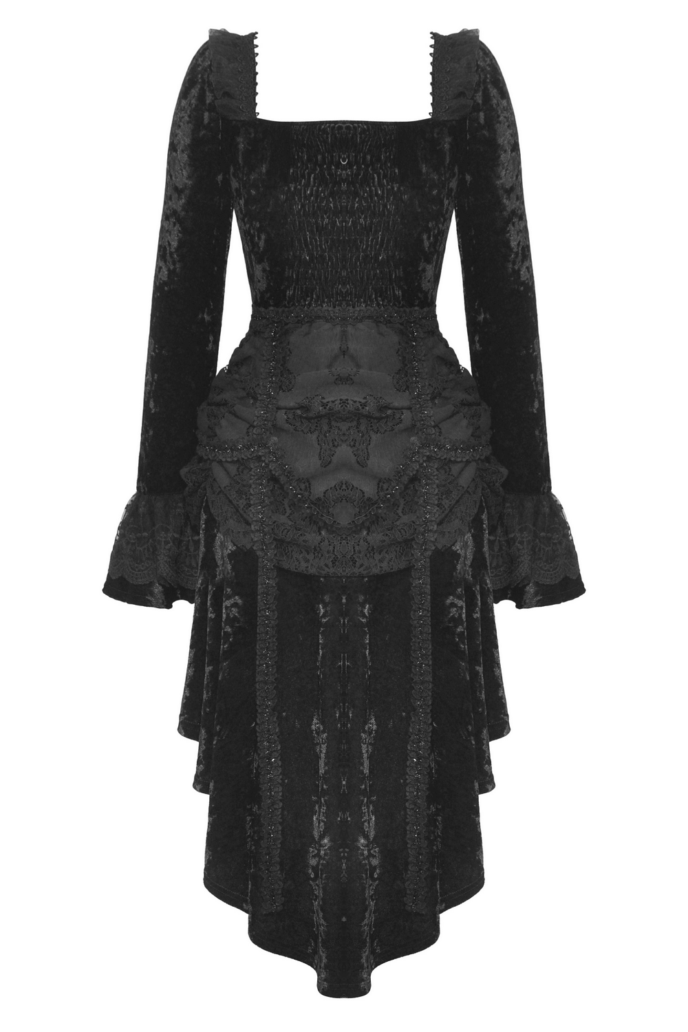 Elegant black velvet dress with long sleeves and high-low skirt, perfect for Gothic-inspired fashion.