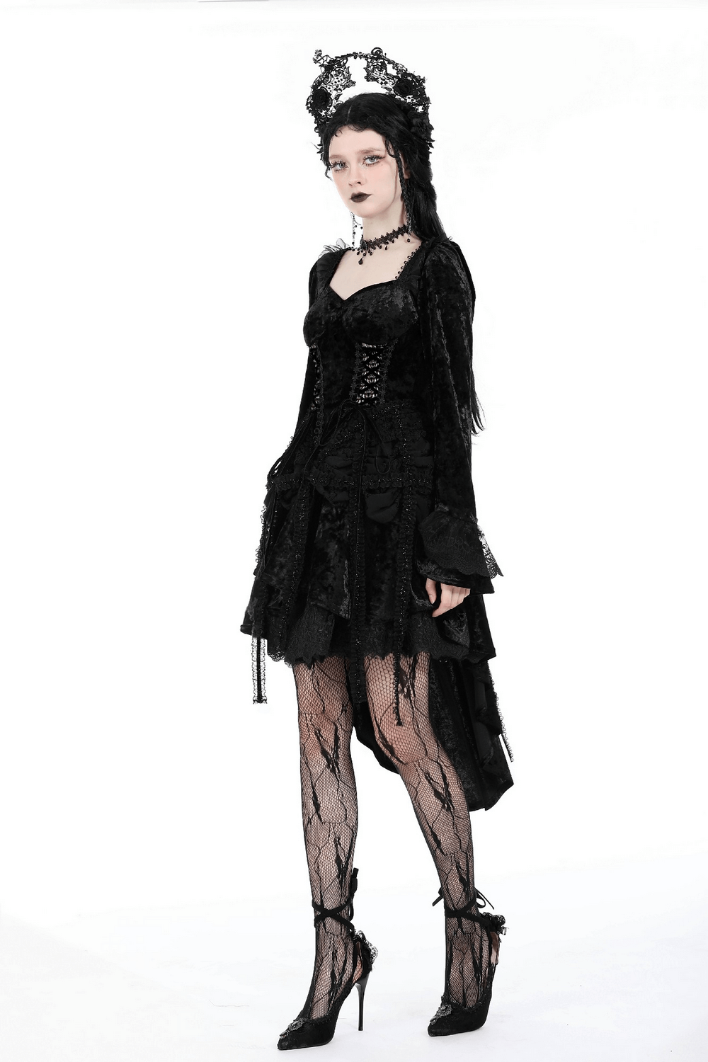Elegant Gothic long sleeves black velvet dress with lace details and high-low skirt, perfect for a night out.