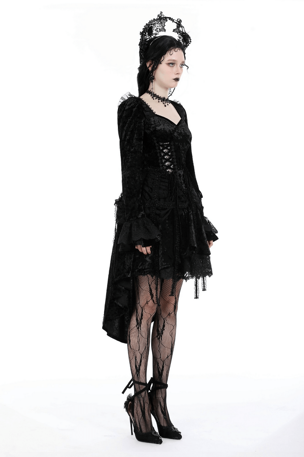 Elegant Gothic black velvet dress with lace sleeves and high-low skirt, perfect for special occasions.