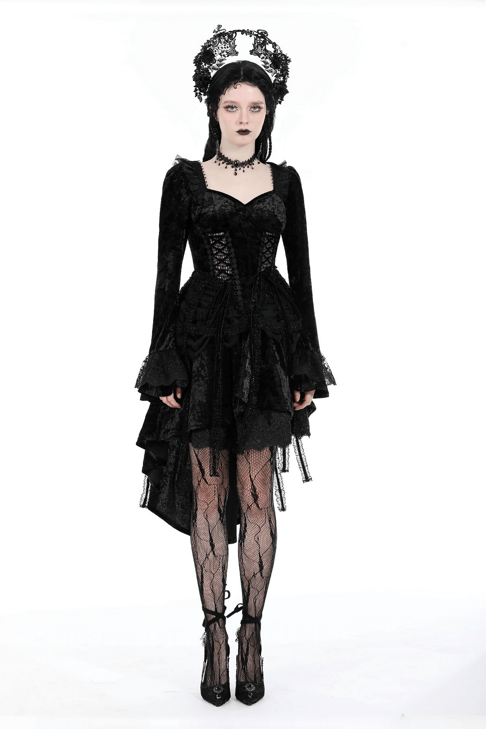 Elegant black Gothic velvet dress with long sleeves, lace details, and high-low skirt, perfect for special occasions.
