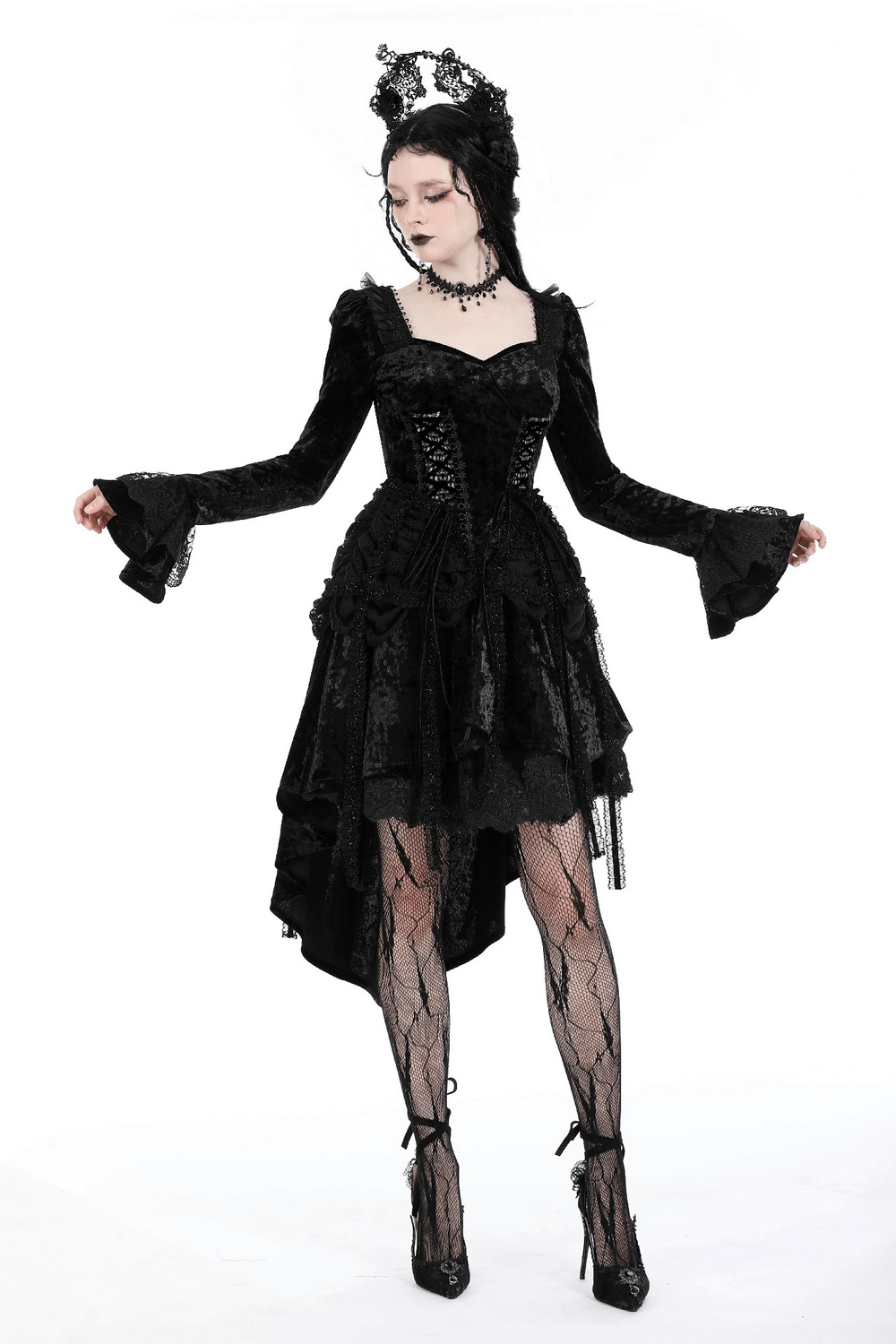 Elegant Gothic long sleeves black velvet dress with lace details and high-low skirt, perfect for special occasions.