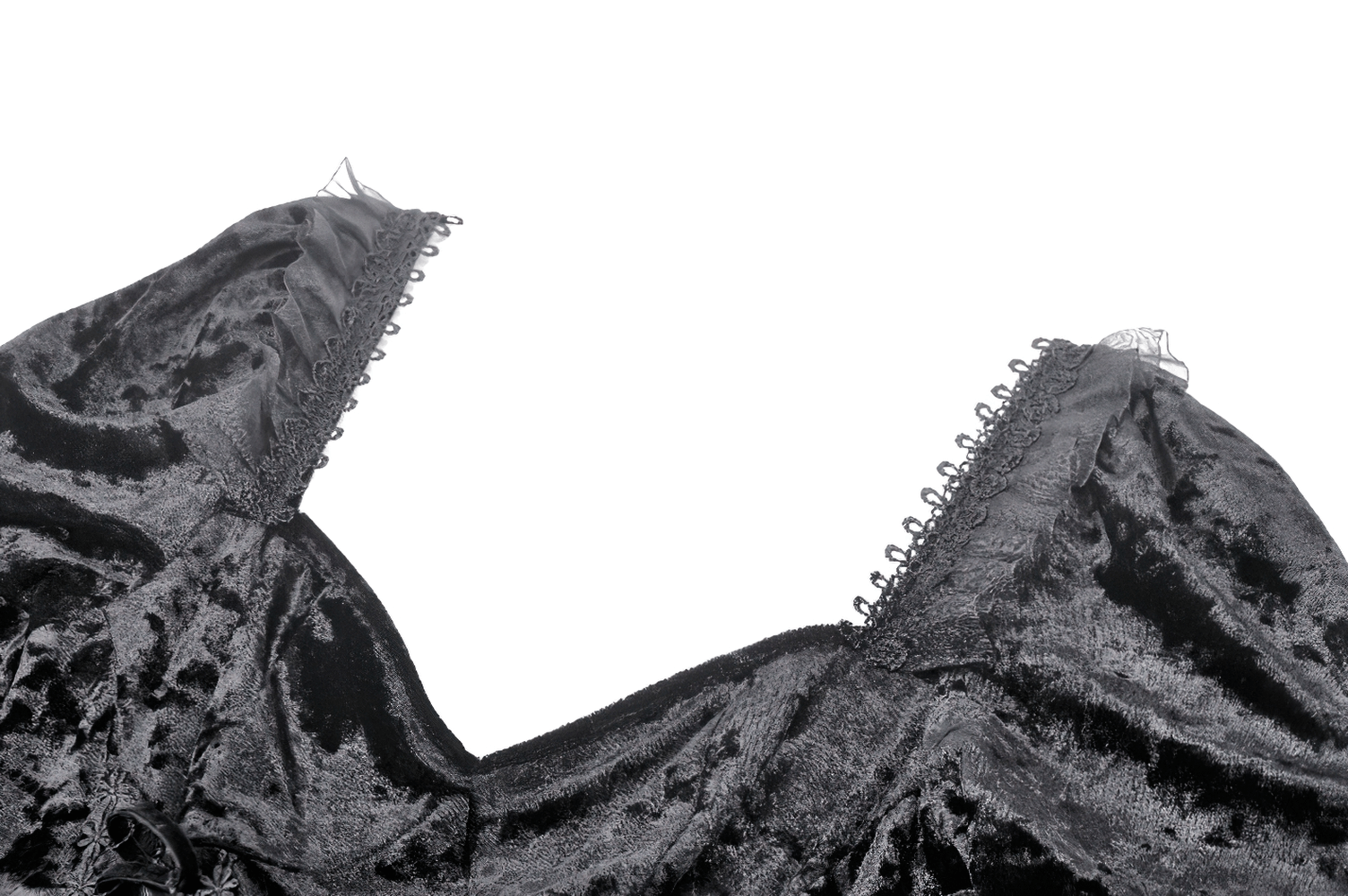 Elegant black velvet dress neckline with lace details, perfect for Gothic style and dramatic occasions.