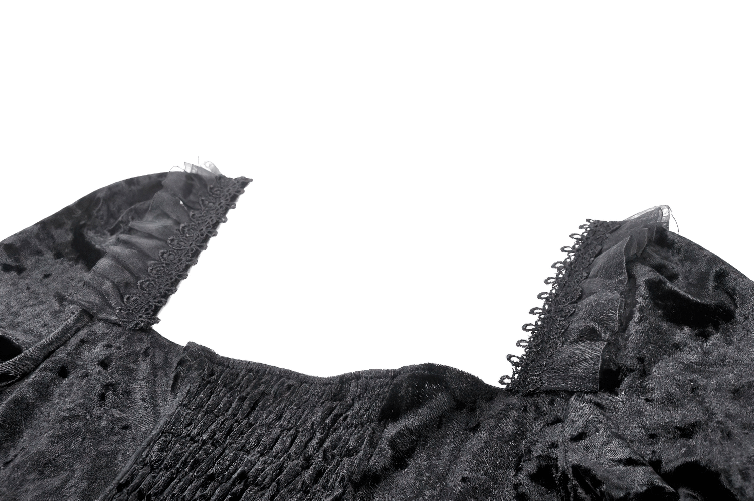 Close-up of the elegant lace shoulders and bodice of a black Gothic velvet dress.