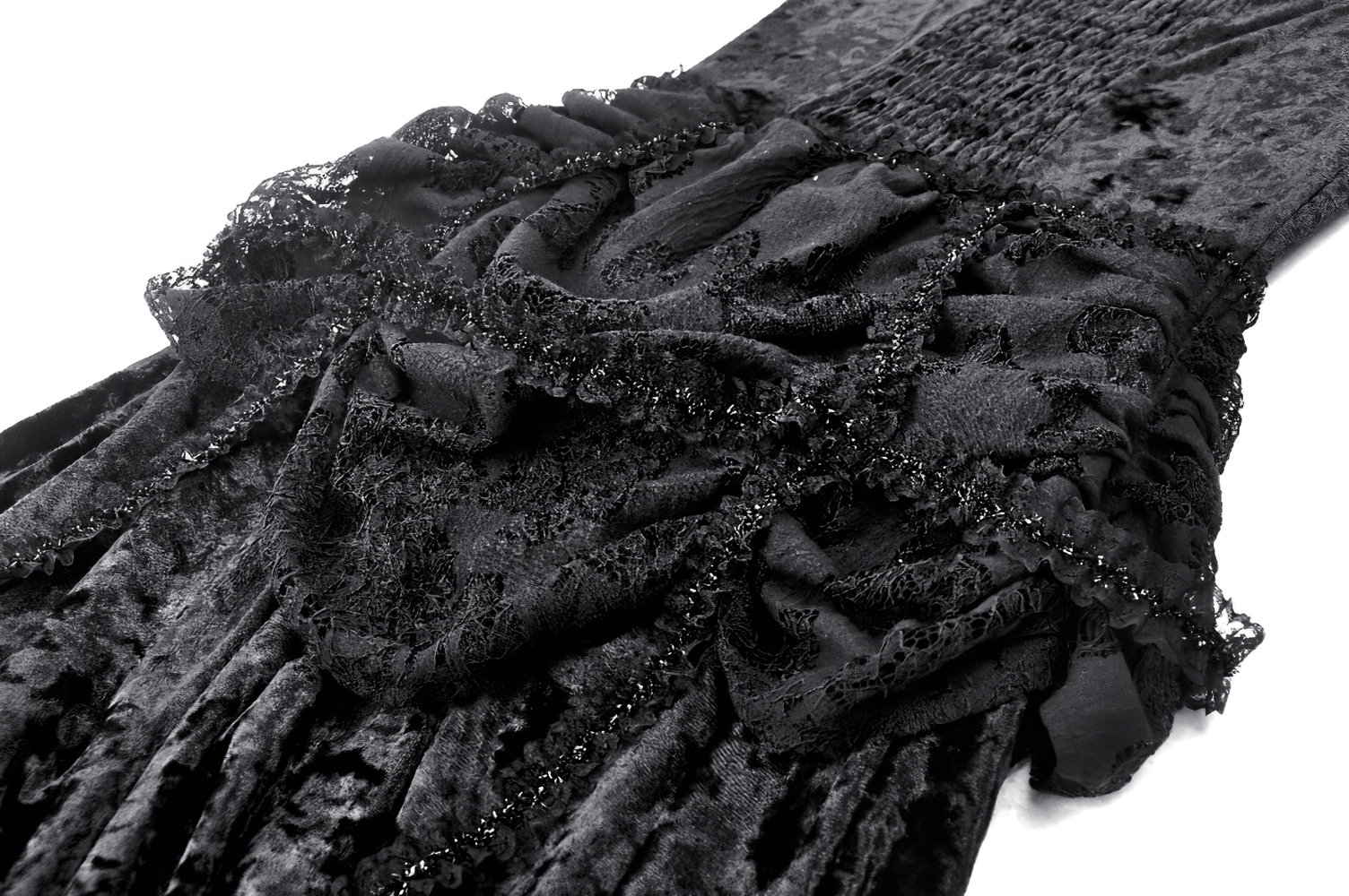 Elegant black velvet dress with lace detailing and dramatic high-low skirt, perfect for Gothic fashion enthusiasts.