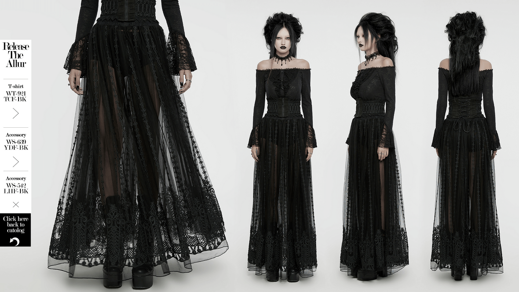 Elegant gothic maxi skirt with 3D floral embroidery, featuring sheer mesh and a flattering silhouette.