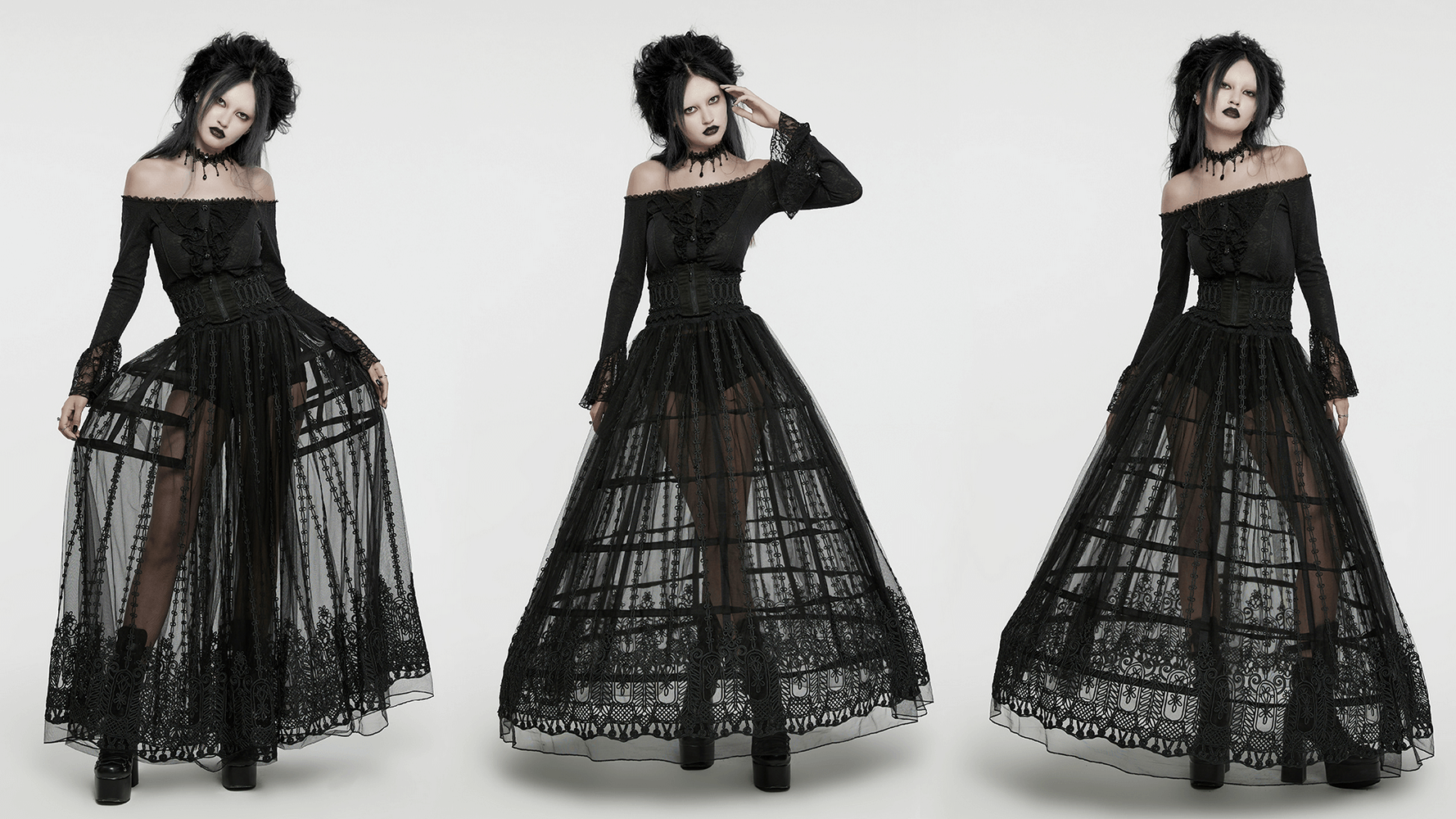 Elegant gothic model showcasing a sheer black maxi skirt with 3D floral embroidery and off-shoulder top in a mystical pose.