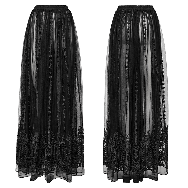 Elegant gothic maxi skirt with 3D floral embroidery in sheer black mesh, featuring an elastic waistband and a flowing design.