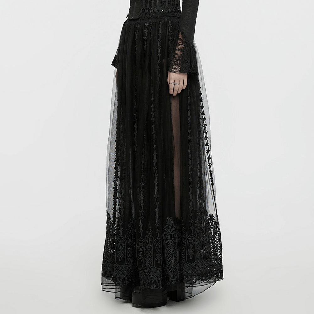 Elegant gothic maxi skirt showcasing 3D floral embroidery and sheer mesh for a captivating silhouette.