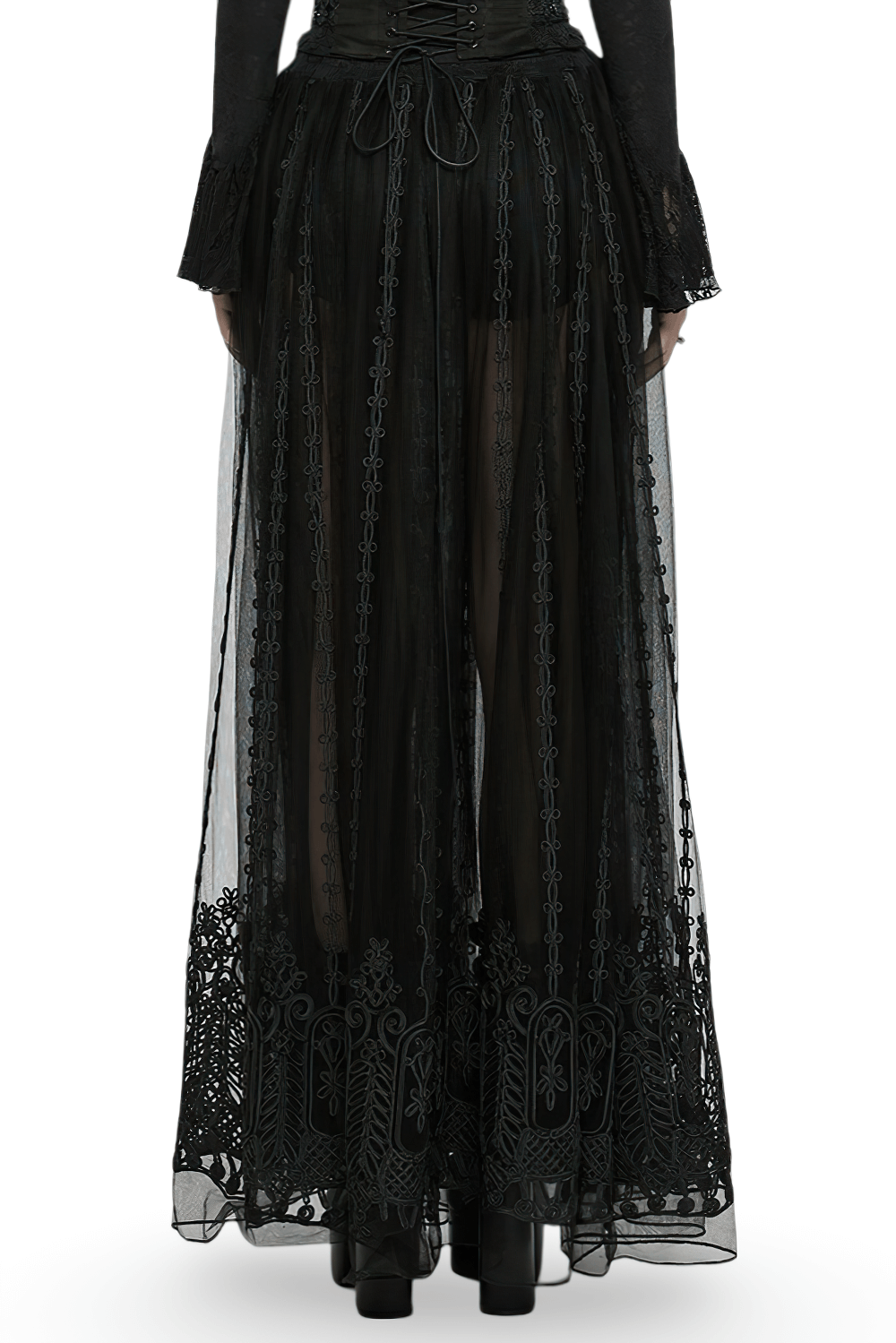 Elegant gothic maxi skirt with 3D floral embroidery and sheer mesh, showcasing intricate designs and a flattering silhouette.