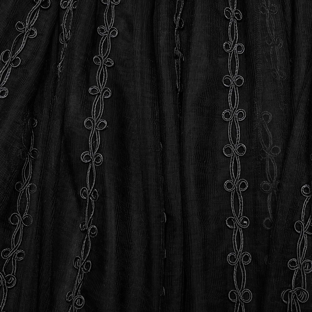 Elegant black sheer mesh with intricate 3D floral embroidery patterns, perfect for a gothic maxi skirt.