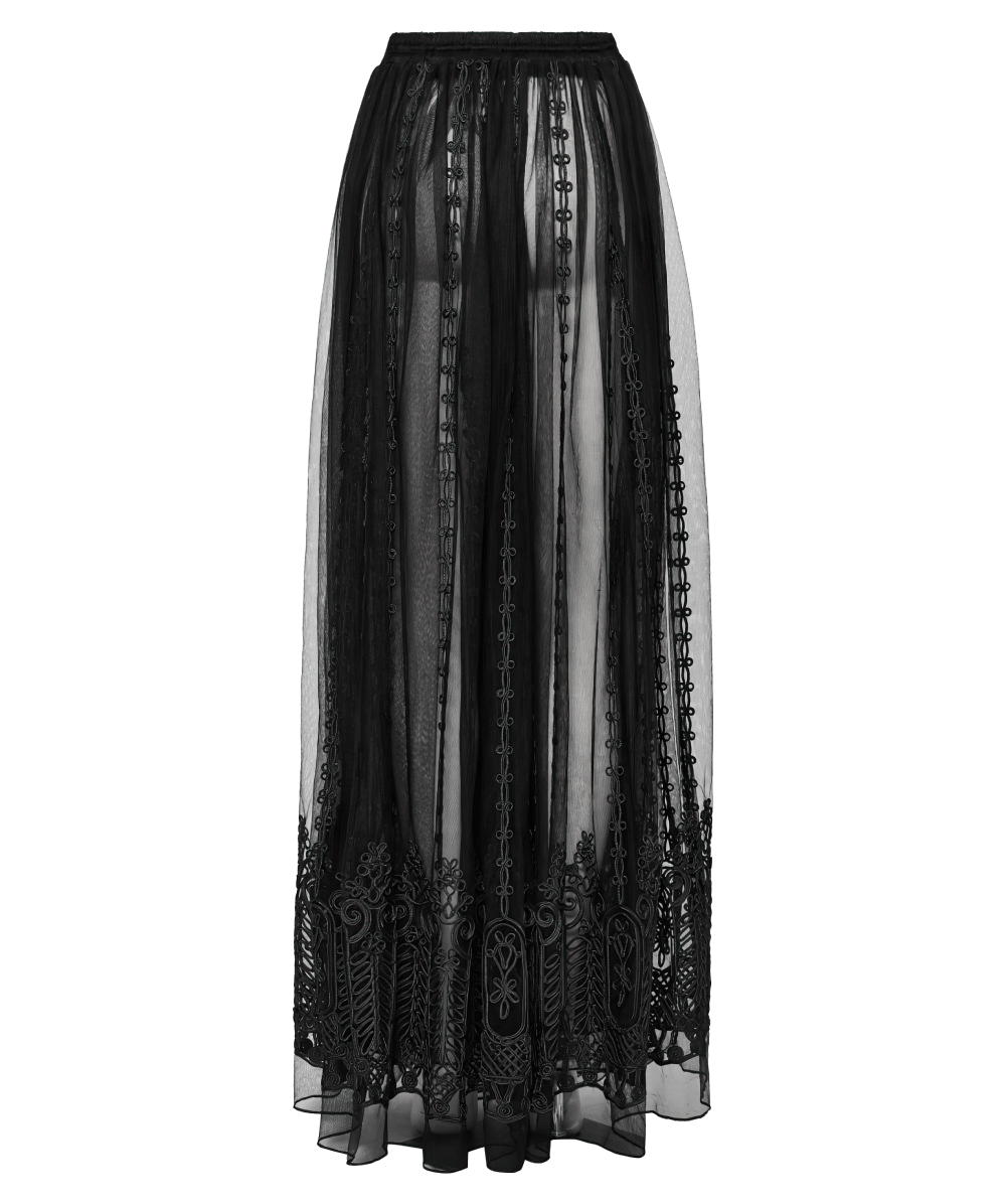 Sheer black gothic maxi skirt with 3D floral embroidery and an elastic waistband, showcasing an ethereal silhouette.