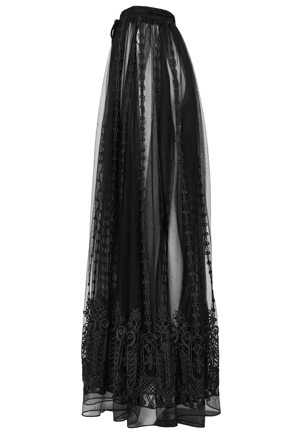 Elegant gothic maxi skirt featuring sheer mesh and intricate 3D floral embroidery for a mystical, ethereal look.