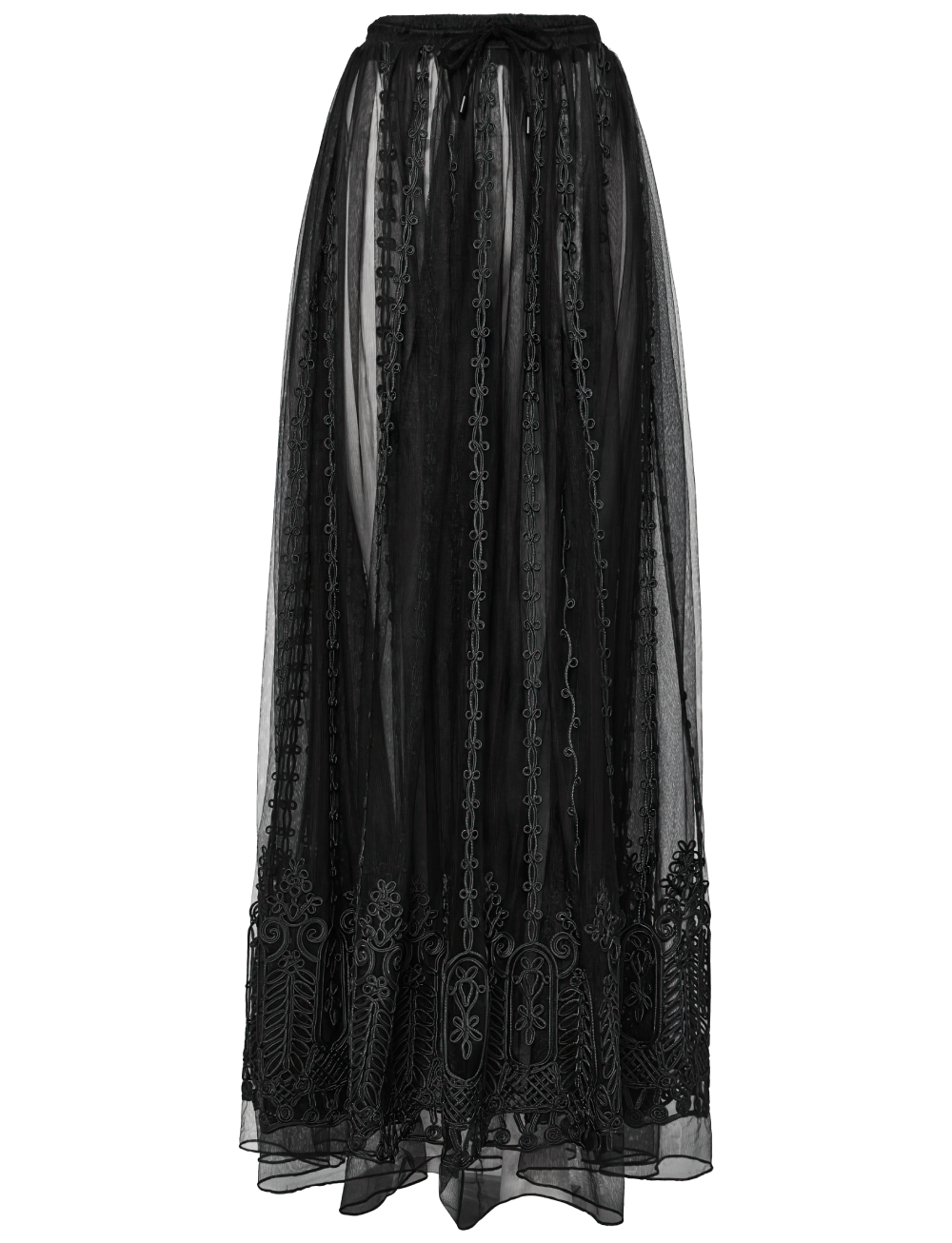 Elegant Gothic maxi skirt with 3D floral embroidery and sheer mesh, perfect for adding a touch of mystery to your outfit.