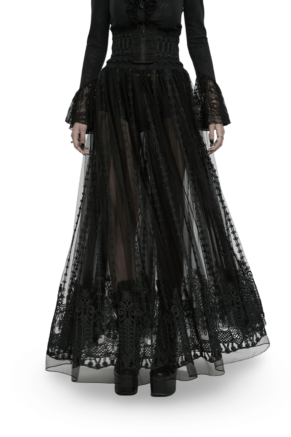 Elegant gothic maxi skirt with 3D floral embroidery in sheer black mesh, featuring a flattering silhouette and elastic waistband.