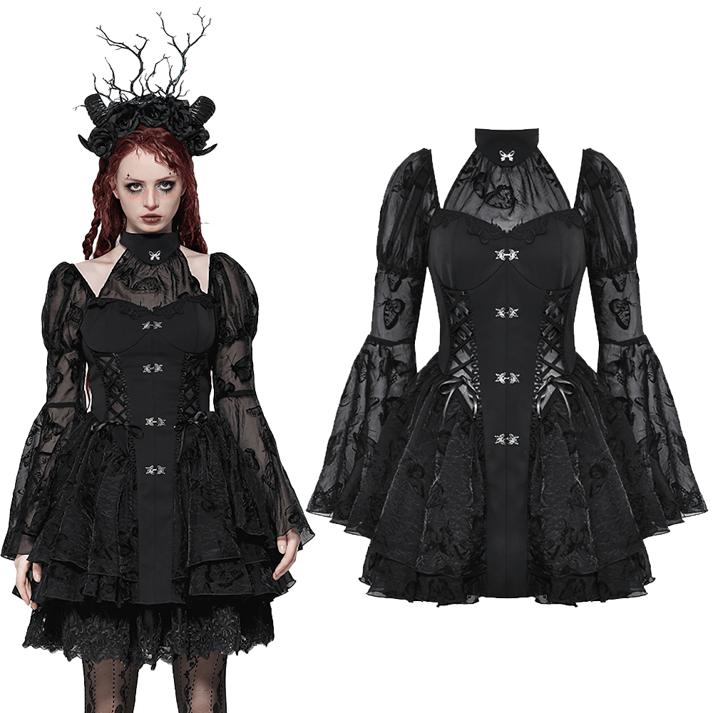 Elegant Gothic mini dress with butterfly accents and big sleeves, perfect for themed parties and events.