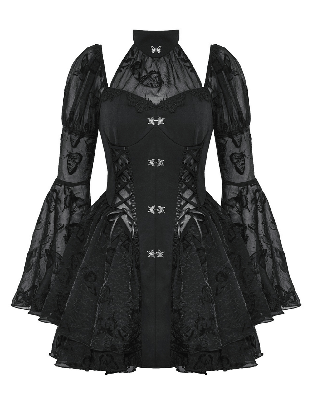 Elegant Gothic mini dress with butterfly accents and big sleeves, perfect for themed parties.