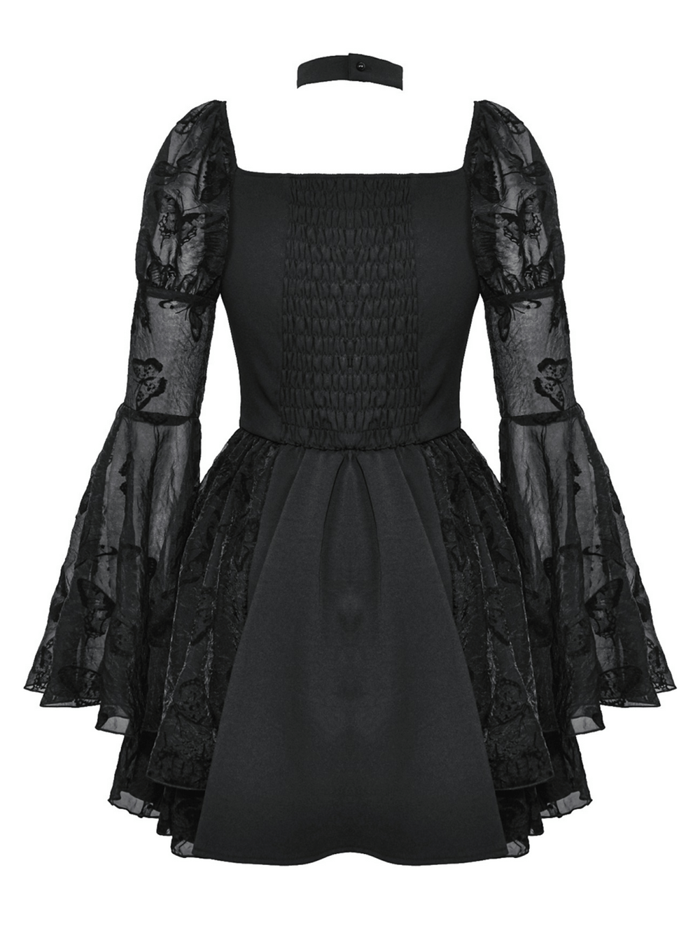 Elegant Gothic mini dress with butterfly accents and voluminous big sleeves for a chic, dramatic look.