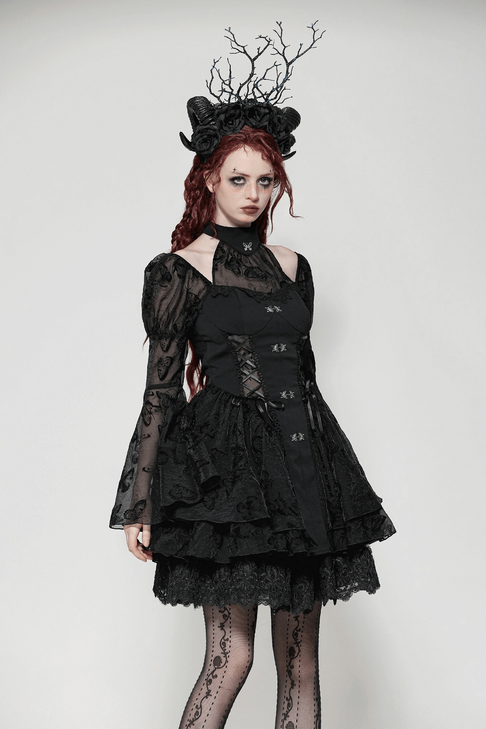 Elegant Gothic mini dress with butterfly accents and big sleeves, styled for a dramatic Victorian look.