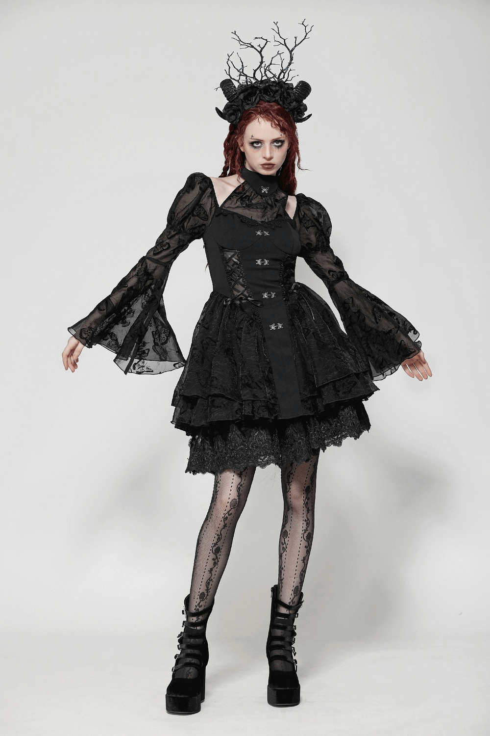Elegant Gothic mini dress with butterfly accents, dramatic lace, and big sleeves for a stunning look.