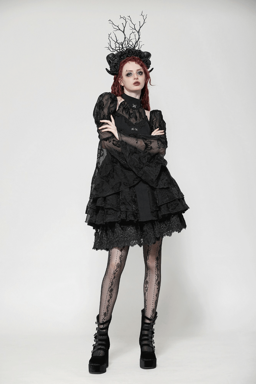 Elegant Gothic mini dress with butterfly accents, voluminous sleeves, and dramatic lace details, perfect for themed parties.