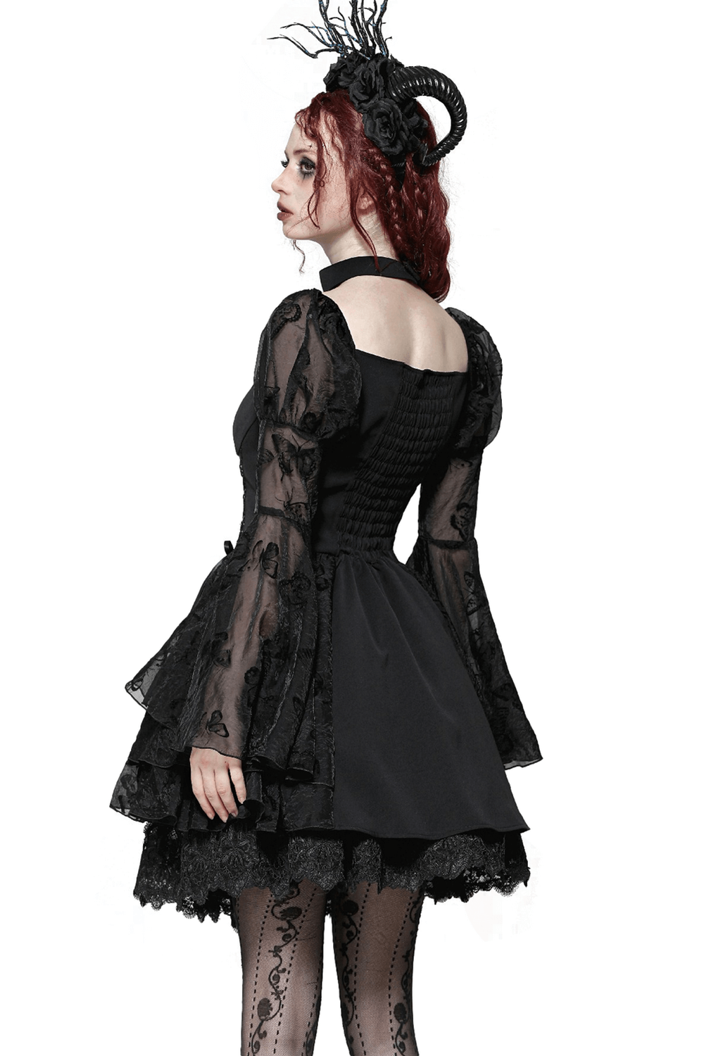 Elegant black Gothic mini dress with butterfly accents and big sleeves, showcasing dramatic lace details and a corset fit.