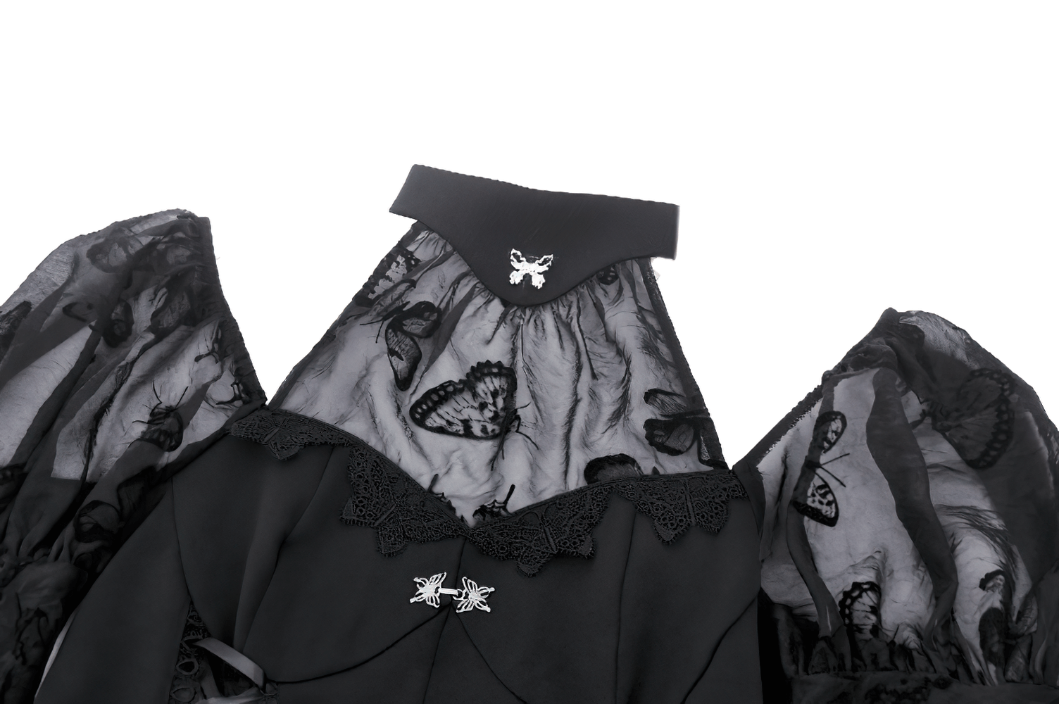 Elegant Gothic mini dress with butterfly accents and dramatic big sleeves, showcasing intricate lace details.