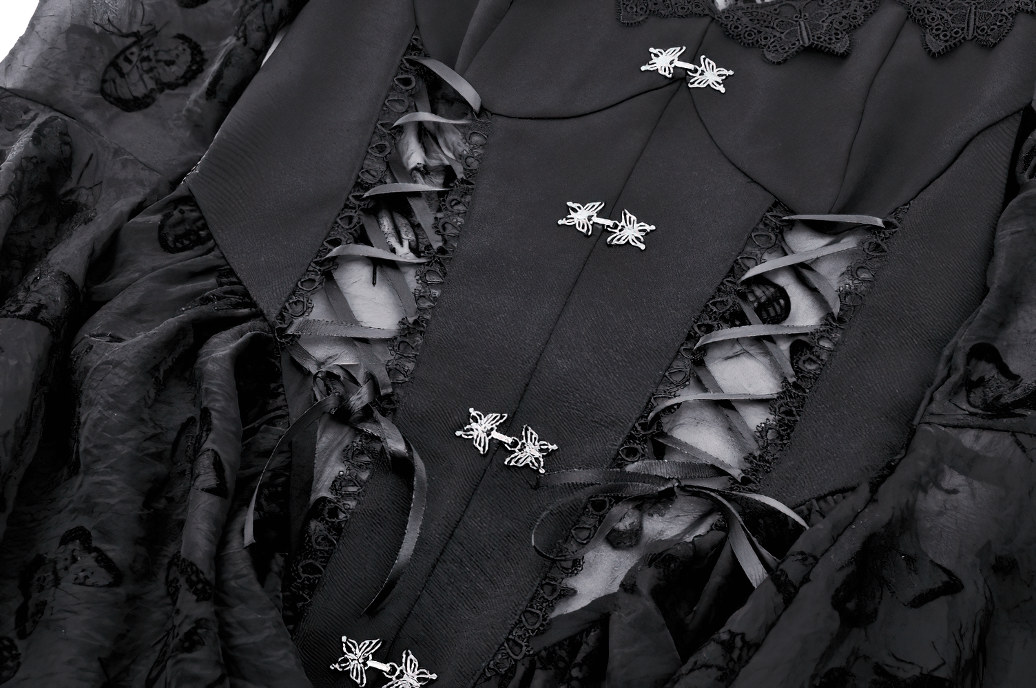Close-up of an Elegant Gothic Mini Dress showcasing butterfly accents and intricate lace detailing.