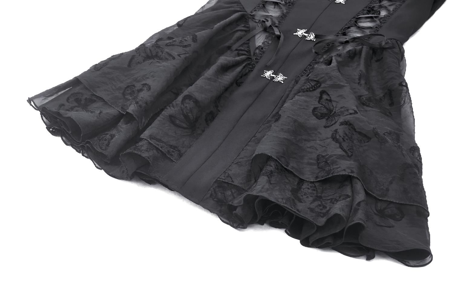 Elegant Gothic mini dress with butterfly accents and big sleeves, showcasing intricate lace and a tailored fit.
