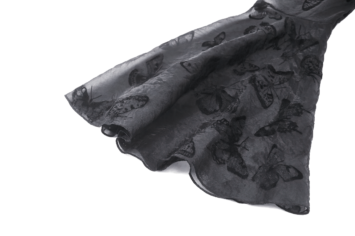 Black lace fabric with intricate butterfly patterns, perfect for a Gothic mini dress.