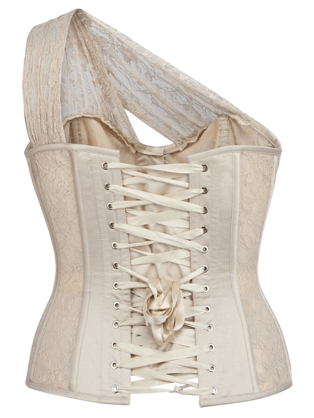 Elegant Gothic Overbust Corset with Bridal Hourglass Shape featuring floral lace and detailed lacing.