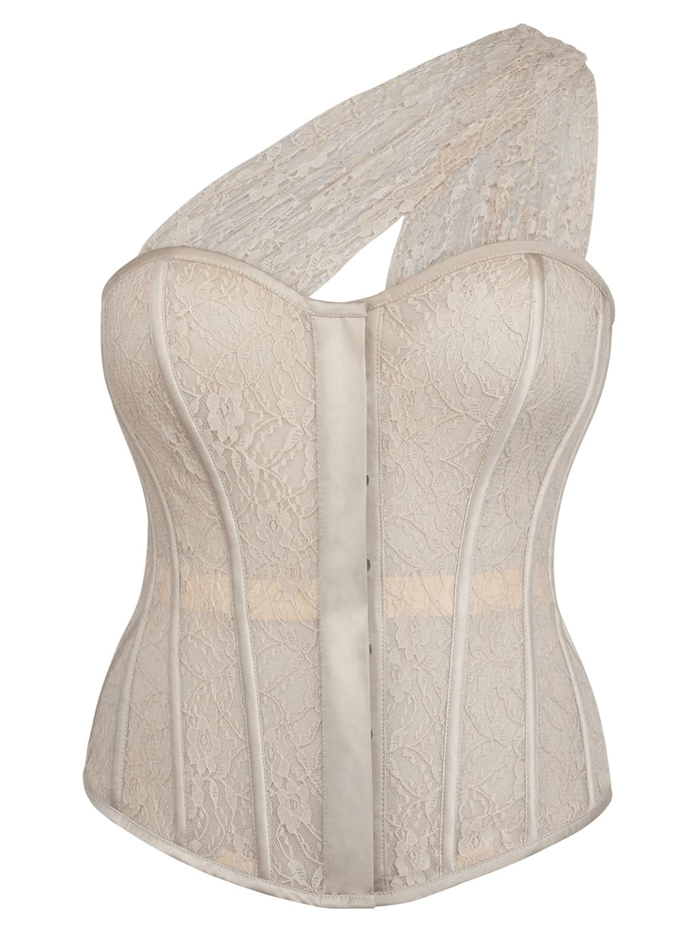 Elegant Gothic Overbust Corset with Bridal Hourglass Shape in ivory lace with a floral overlay and sculpted silhouette.