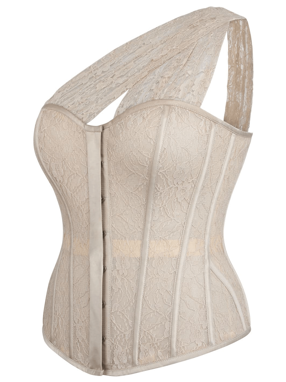 Elegant Gothic Overbust Corset with Bridal Hourglass Shape adorned with floral lace and sheer mesh.