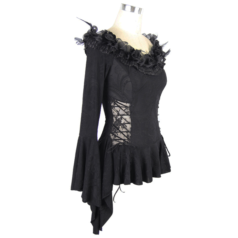 Elegant black gothic top with lace-up and feather accents, featuring romantic flared sleeves and floral design.