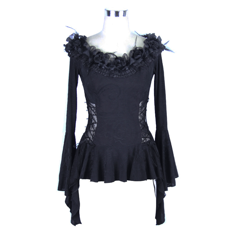 Elegant black gothic top with romantic flared sleeves, lace-up details, and feather inserts, perfect for a fashionable look.