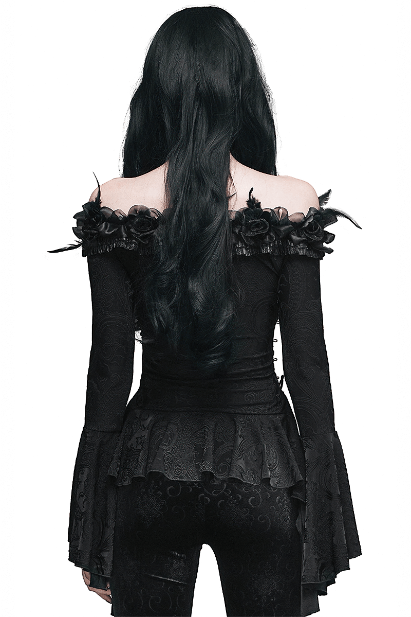 Elegant women's black gothic top with flared sleeves and feather details, showcasing a stylish back view.