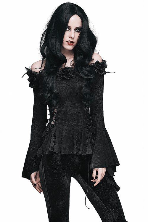 Elegant Gothic Patterned Top with Lace-up and Feather / Romantic Flared Sleeve Flowers Top