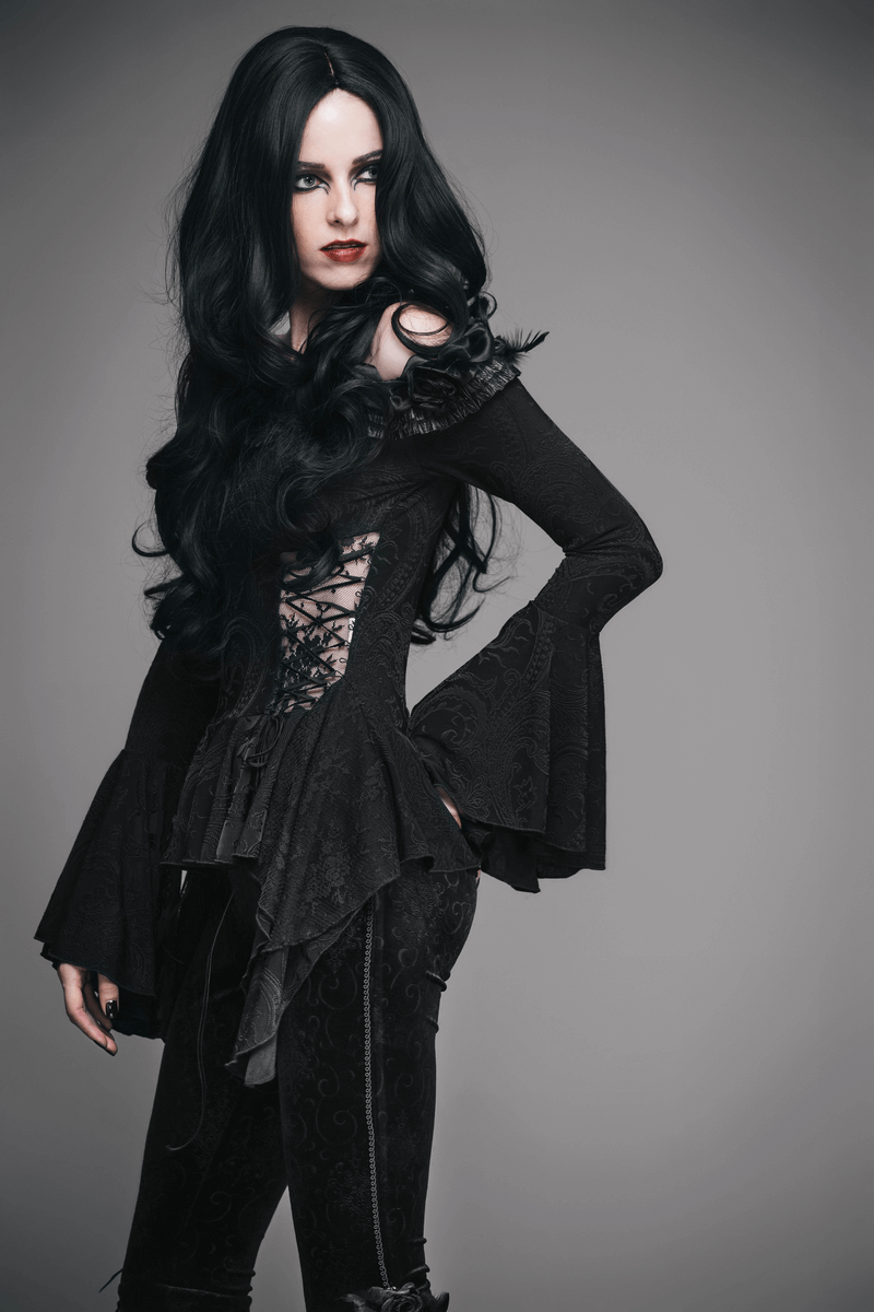 Elegant gothic black top featuring lace-up detail and romantic flared sleeves, perfect for a stylish look.