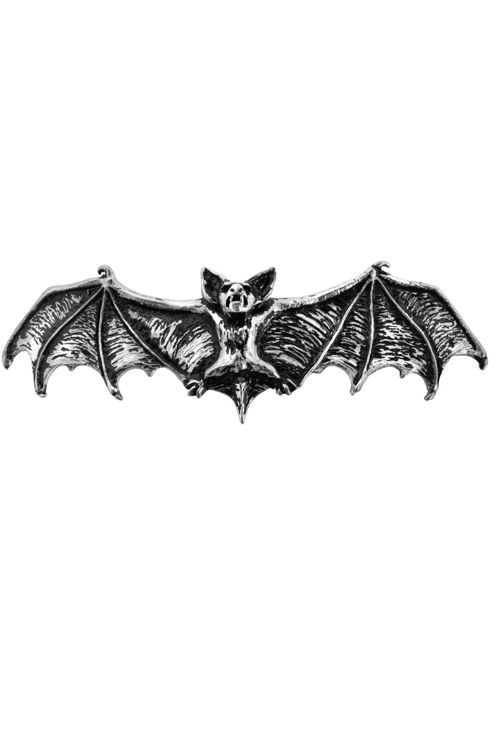 Elegant gothic pewter bat hair slide with steel clip, perfect for vampire-themed hairstyles.