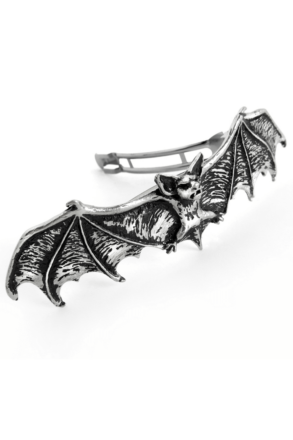 Elegant pewter bat hair slide with a sturdy steel clip, perfect for gothic and alternative fashion lovers.
