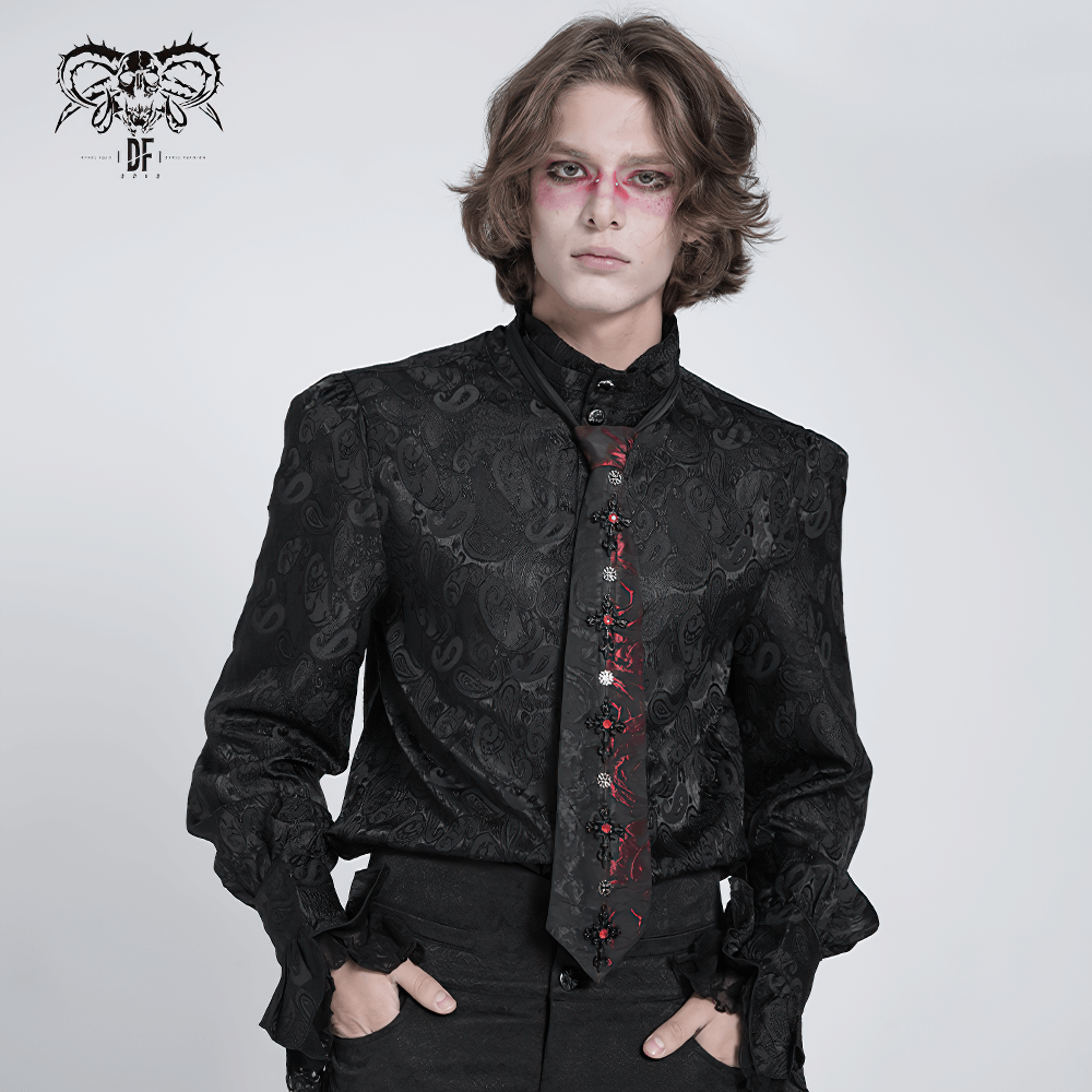 Stylish model wearing an Elegant Gothic Black Shirt with Red-Black Floral Crystal Neck Tie, showcasing a dramatic, alternative look.