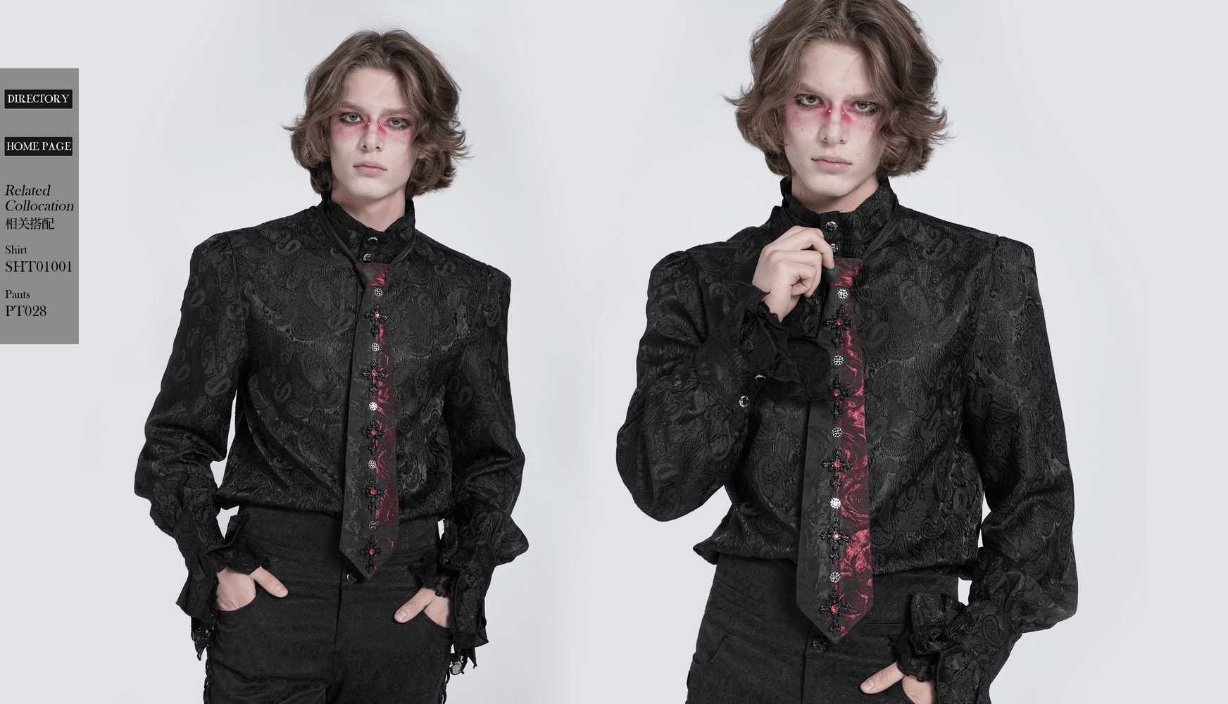 Gothic model showcasing a red-black floral crystal-embellished necktie with a stylish black shirt.