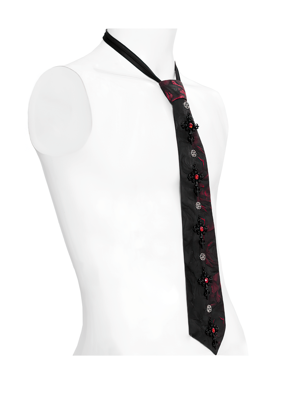 Elegant Gothic red-black floral tie with crystal embellishments for stylish alternative fashion.